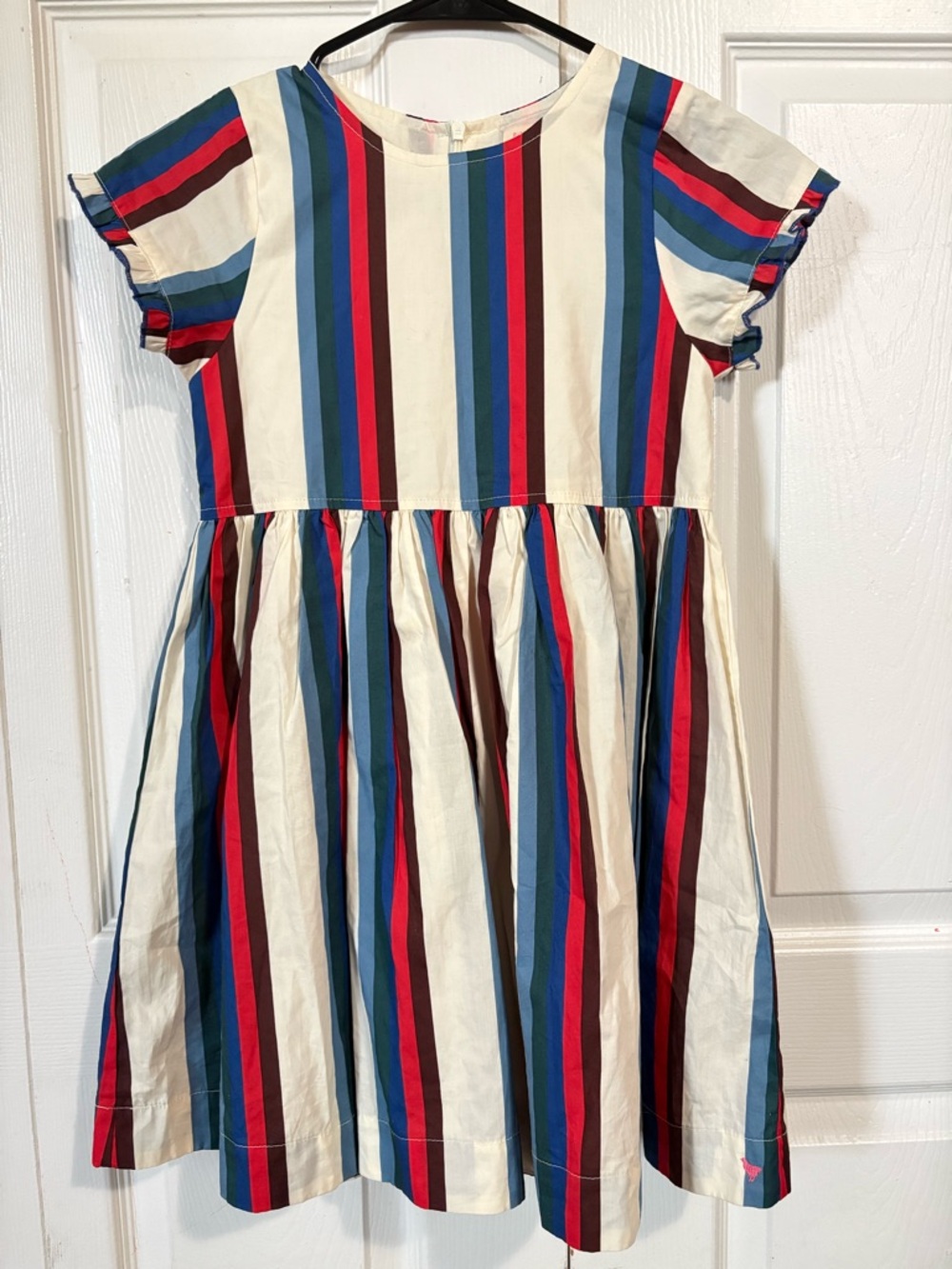 Pink Chicken Cream Dress with Red, Blue, Green & Brown Stripes